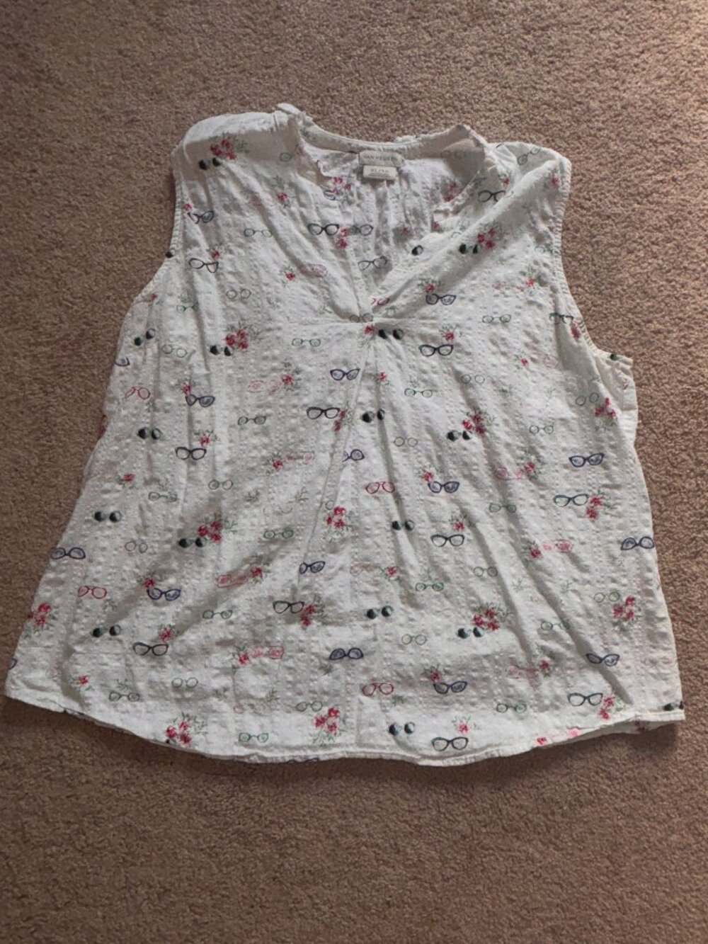 Van Heusen White Sleeveless Eyeglass Print Cotton Blend Top XL